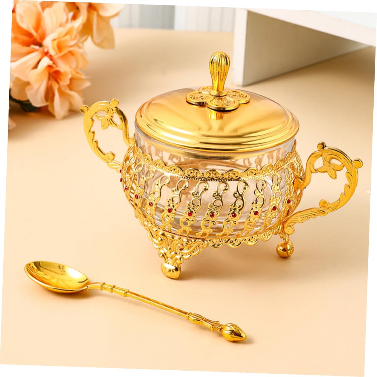 Kitchen Gadgets Gold - ชามน้ําตาลพร้อมฝาปิดและช้อนแก้วทองเครื่องปรุงรสเครื่องเทศ Jar Candy Jar ชุดสําหรับห้องครัว Coffee