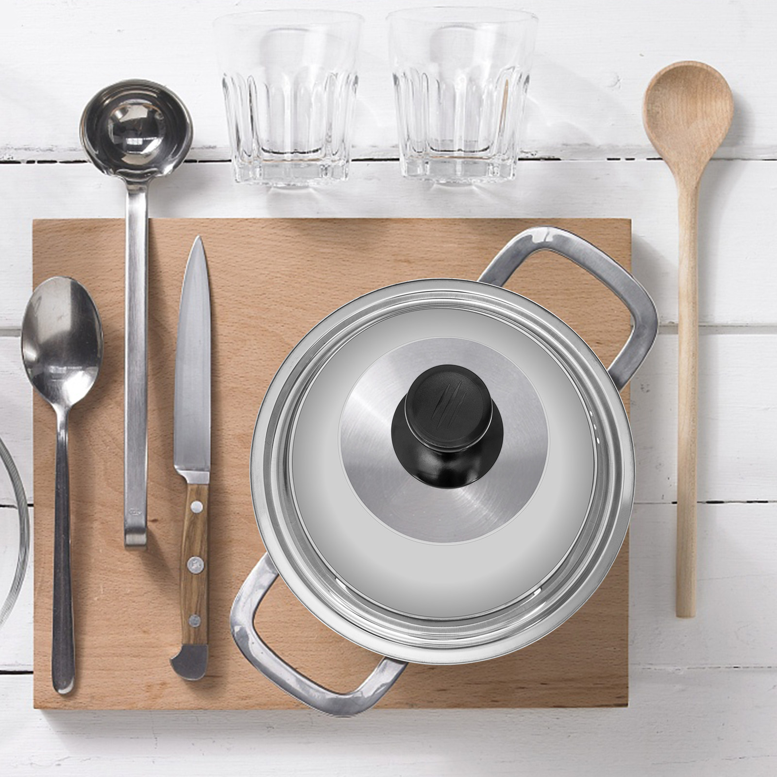 Kitchen Helper Gadgets - ฝาหม้อหนาพิเศษ มองเห็นภายในได้ ทำจากสแตนเลส ฝากระทะผัด ผิวเรียบ อุปกรณ์ครัว