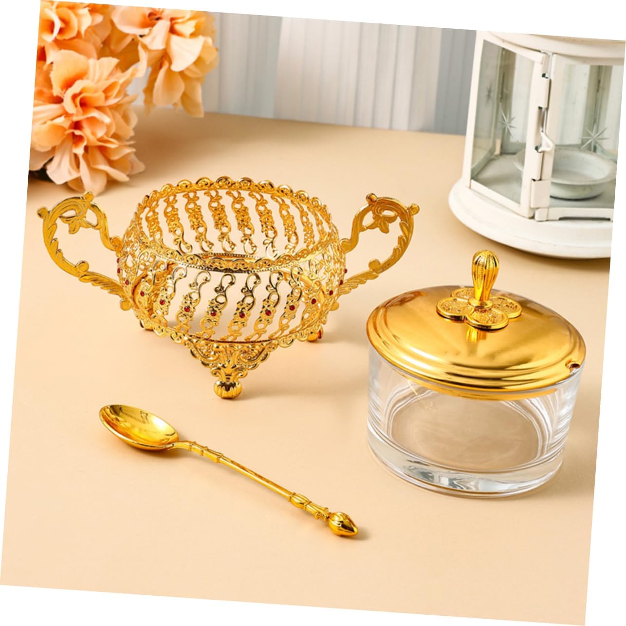 ชามน้ําตาลพร้อมฝาปิดและช้อนแก้ - Kitchen Gadgets Gold บทวิจารณ์และราคา