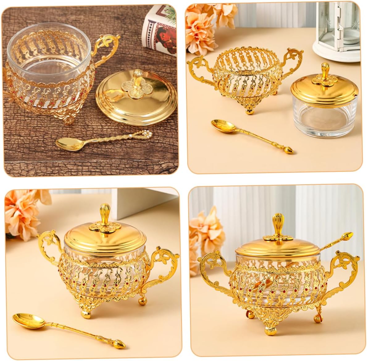 ชามน้ําตาลพร้อมฝาปิดและช้อนแก้ - Kitchen Gadgets Gold บทวิจารณ์และราคา
